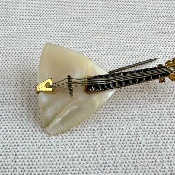Vintage 1940s Mother of Pearl Balalaika Guitar Brooch Signed W Germany 1 3/4" - Picture 2 of 5